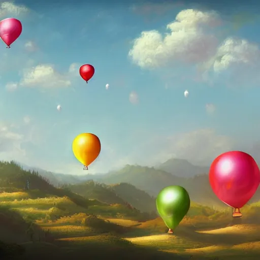 Image similar to digital art of plenty of birthday balloons floating with a giant cake above a beautiful landscape. artstation cgsociety masterpiece