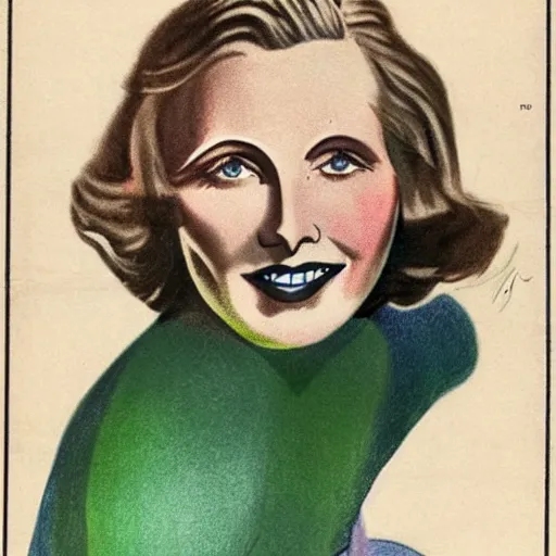 Image similar to a 1 9 2 8 cover of vogue. happy, healthy, beautiful, smiling, young, sporty, glowing greta garbo in decent athletic wear. realistic detailed color drawing