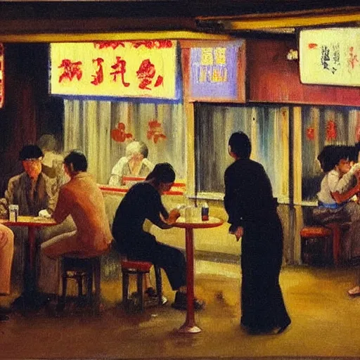 Prompt: Hopper painting of people in a cafe at night in Kowloon Walled City, Hong Kong