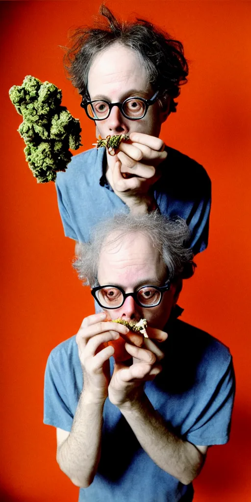 Image similar to award winning photo of todd solondz charlie kaufman smoking weed, vivid colors, happy, symmetrical face, beautiful eyes, studio lighting, wide shot art by Sally Mann & Arnold Newman