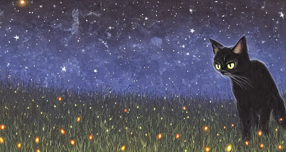 Image similar to black cat with glowing eyes walking around in a very dark open field at midnight with fireflies in the air and lots of stars in the sky, digital painting, highly detailed, magical, beautiful