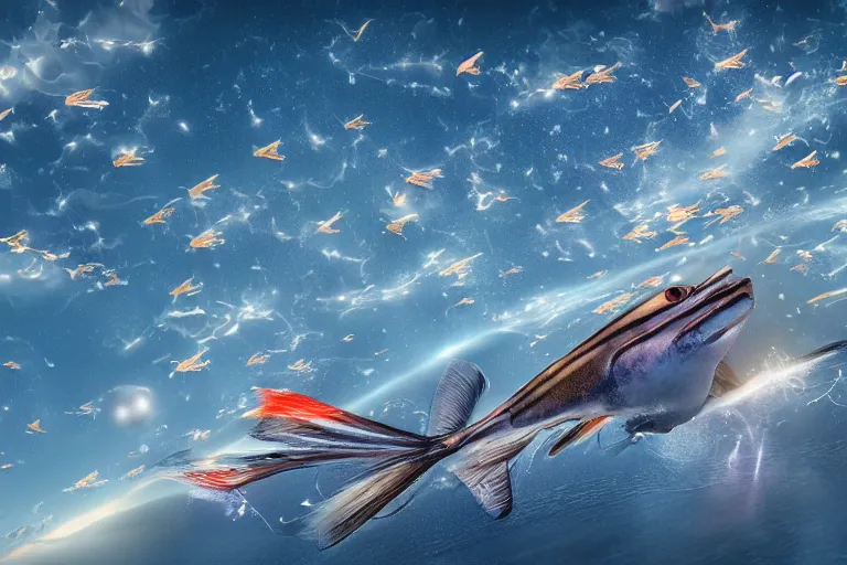 Prompt: flying fish flew by the space station. photo - realistic hd, hyperrealism, colourful, highly detailed, cinematic, luminescence, 3 2 k, dop, high contrast, intricate, mystery, epic, fantasy