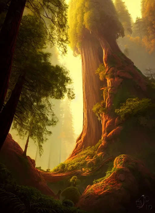 Image similar to random mystic sequoia forest giant house close - up fabulous portal, incredible, vector art, octane render, fabulous, hyper detailed, random cinematic view, no noise, global illumination, warm lighting, volumetric, godrays, vivid, beautiful, by jordan grimmer