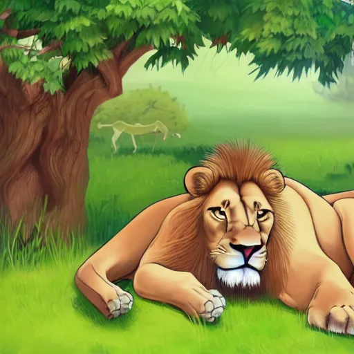 Image similar to Lion resting in the shade, Cartoon for children's book 2-4 years, ArtStation, sharp focus, 4k