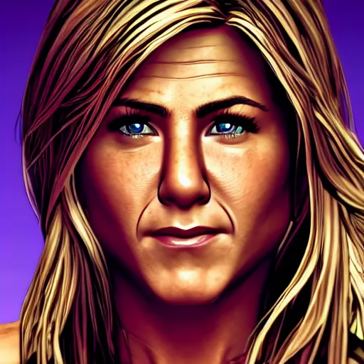 Image similar to jennifer aniston portrait, borderlands, tales from the borderlands, the wolf among us, comic, cinematic lighting, studio quality, 8 k