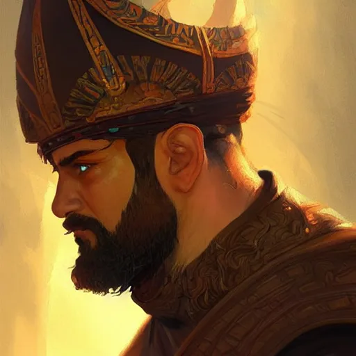 Image similar to bearded sultan, portrait, headshot, D&D, fantasy, highly detailed, digital painting, artstation, concept art, sharp focus, illustration, art by artgerm and greg rutkowski and alphonse mucha