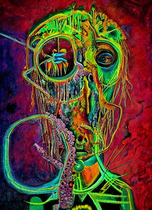 Prompt: “A (surreal) neon painting of a rotting shaman, made of flowers, futuristic picasso by hr giger and Vladimir kush and dali and kandinsky, 3d, realistic shading, complimentary colors, vivid neon colors, aesthetically pleasing composition, masterpiece, 4k, 8k, ultra realistic, super realistic”