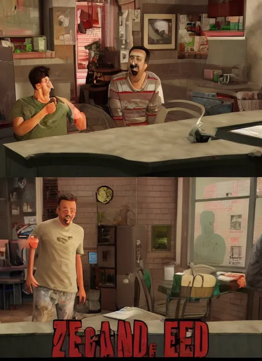 Image similar to a scene from friends where joey and chandler become zombies, face enhance, realistic, shaun of the dead, izombie, ultra detailed, octane render, lovecraftian, horror, dead space, the walking dead, unreal engine 5