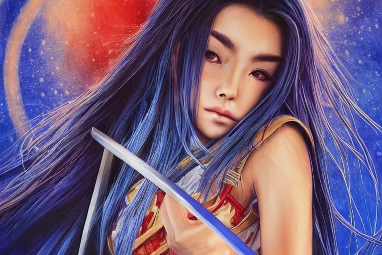 Image similar to highly detailed beautiful photo of madison beer as a young female samurai, swinging her sword, symmetrical face, beautiful eyes, cobalt blue hair, realistic anime art style, 8 k, award winning photo, pastels colours, action photography, 1 / 1 2 5 shutter speed, sunrise lighting