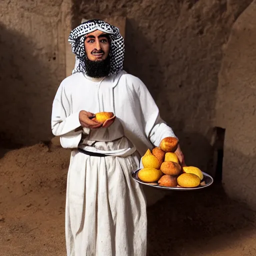 Image similar to 18 year old middle eastern skinned man in ancient Canaanite clothing holding a plate of rotten fruit. A 22 year old middle eastern skinned man in ancient Canaanite clothing carrying a beautiful goat, dramatic angle, 8k hdr pixiv dslr photo