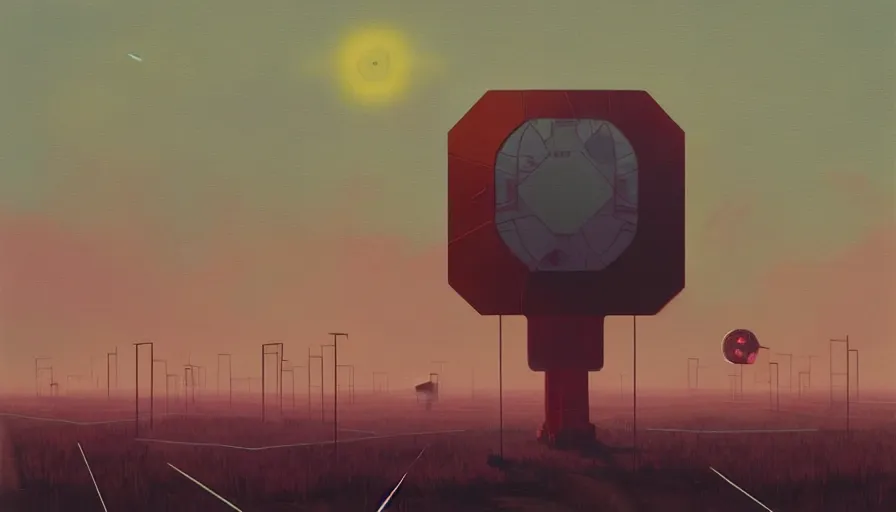 Image similar to space antennas, sun in the sky, early morning, open field, hexagon blocking the sun, simon stalenhag, art deco painting