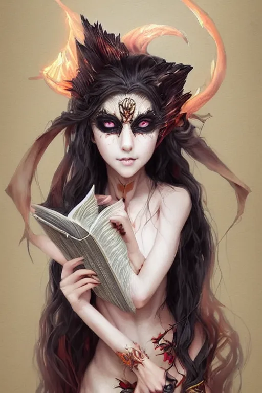 Image similar to gorgeous!!! hyper - realstic sorceress with a kitsune mask, holding a tattered book, casting a spell | drawn by wlop, drawn by jeehyung lee, drawn by artgerm | intricate, highly detailed, digital painting, character design, concept art, illustration, artstation