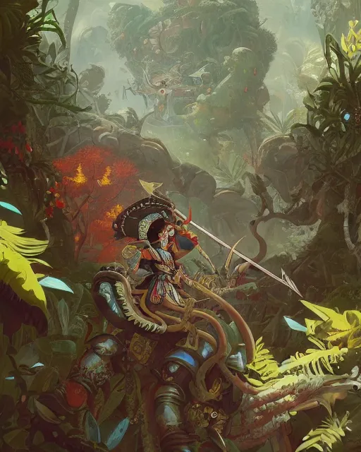 Prompt: 2d illustration of a spanish conquistador wearing pompous ornate armor in a dense jungle, art by Peter mohrbacher and Dan mumford and studio ghibli and disney concept artists, fantasy, intricate octane, trending on artstation, princess mononoke color scheme, detailed, concept art, anatomy
