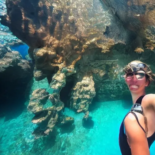 Prompt: a female tourist taking a selfie in front of the ancient atlantis