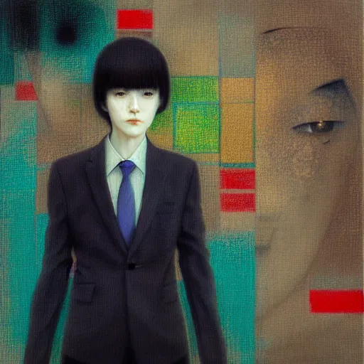 Image similar to yoshitaka amano blurred and dreamy realistic three quarter angle portrait of a young woman with short hair and black eyes wearing office suit with tie, junji ito abstract patterns in the background, satoshi kon anime, noisy film grain effect, highly detailed, renaissance oil painting, weird portrait angle, blurred lost edges