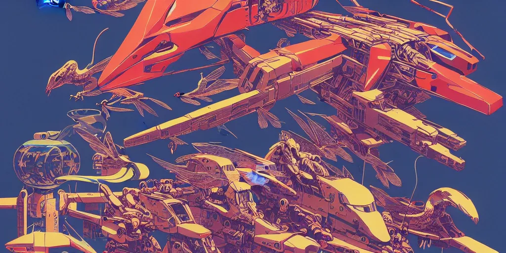 Image similar to risograph rendition, gigantic mecha arzach birds with dragonflies, tiny rats, a lot of exotic animals around, big human faces everywhere, helicopters and tremendous birds, by satoshi kon and moebius, matte bright colors, surreal design, crispy, super - detailed, a lot of tiny details, fullshot