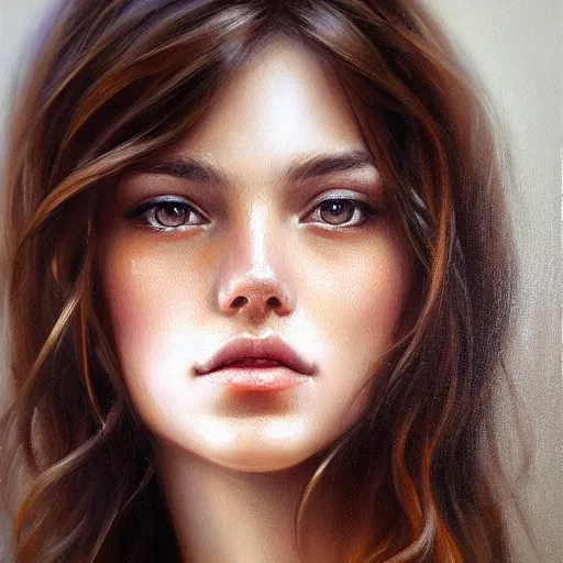 Image similar to a portrait of a very beautiful woman with a thin scar across her left cheek, brown eyes, shoulder-length brown hair, illustration, soft lighting, soft details, painting oil on canvas by mark arian by artgerm, trending on artstation, 4k, 8k, HD