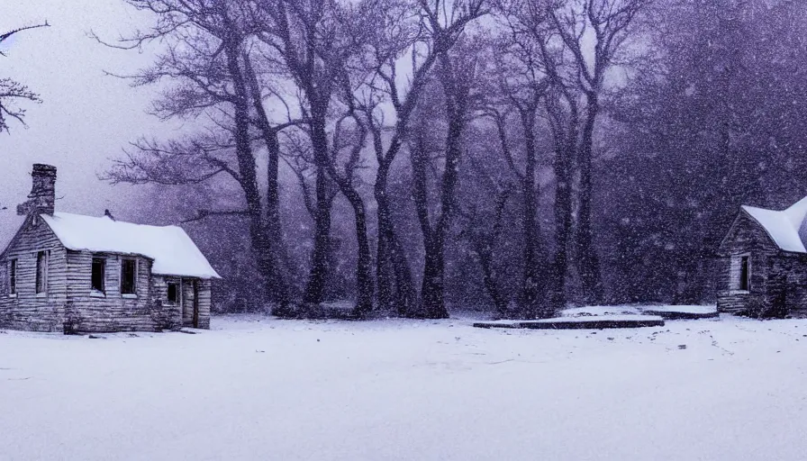 Image similar to A Desolate Cottage with light emitting from it snowed in in a wonderful winter landscape. Blizzard, Heavy snow falling, Snowstorm, Light Haze, Magical Lighting