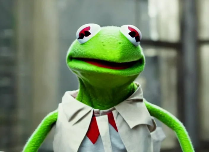 Image similar to film still of kermit the frog in the new scifi movie, 4 k