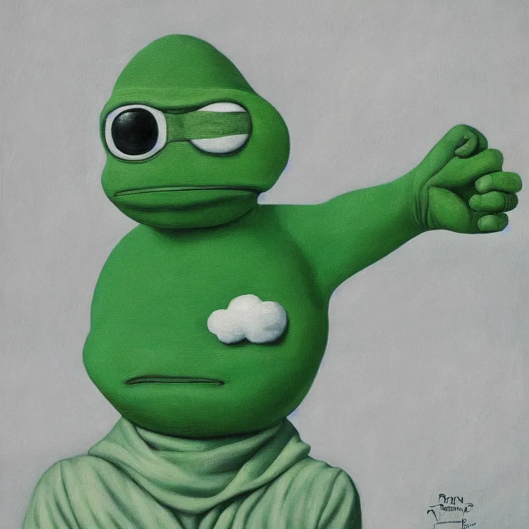 Image similar to cloud - man but pepe the frog, by rene magritte, centered, detailed painting, hd, hq, high resolution, high detail, 4 k, 8 k