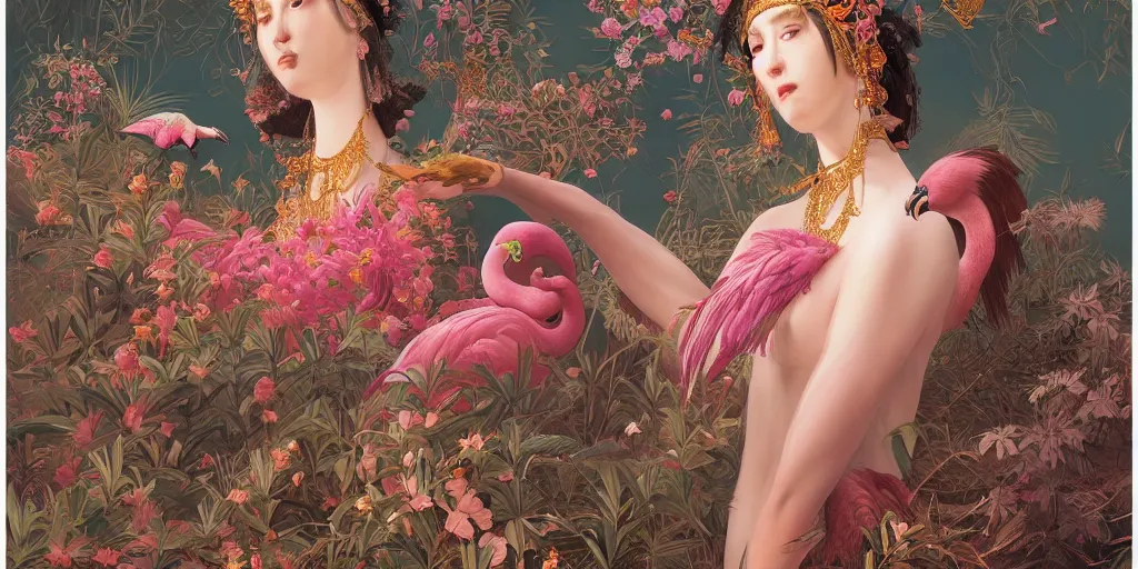 Prompt: breathtaking detailed concept art painting of the goddess of flamingo, orthodox saint, with anxious, piercing eyes, ornate background, amalgamation of leaves and flowers, by Hsiao-Ron Cheng and John James Audubon, extremely moody lighting, 8K