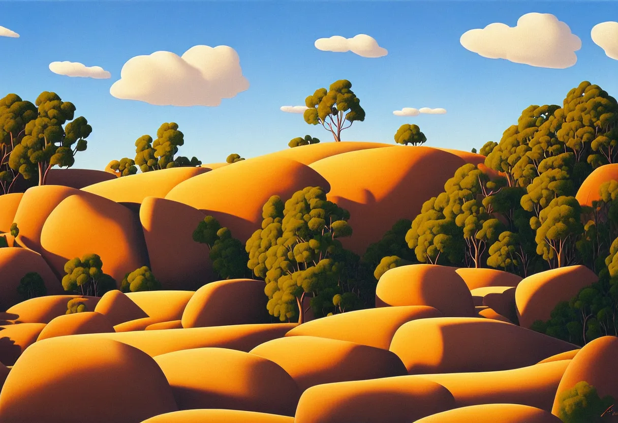 Prompt: the australian wilderness landscape in the snowy mountains, long grass and scattered large rock formations, during spring, golden hour, partly cloudy day, painting by kenton nelson