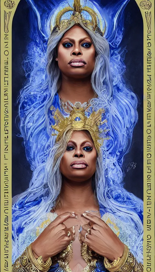 Prompt: laverne cox as a goddess, passionate, sweaty, intricate dressed in ornate blue robes and garter, lovely, intricate, highly detailed, digital painting, artstation, symmetrical, concept art, smooth, sharp focus, illustration, unreal engine 5, 8 k, art by artgerm and greg rutkowski and alphonse mucha