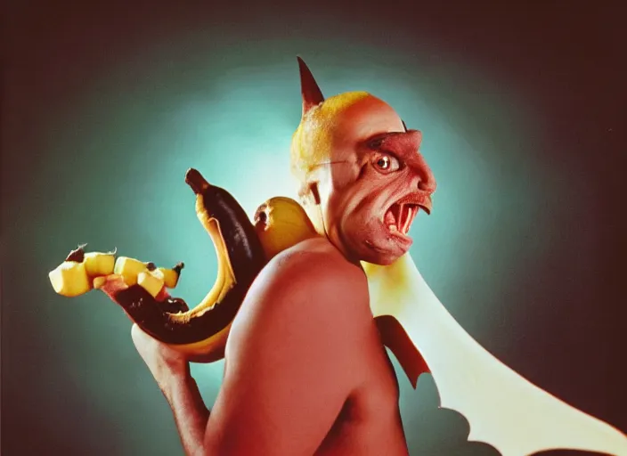 Image similar to a long shot, color studio photographic portrait of a bat eating bananas, dramatic backlighting, 1 9 9 3 photo from life magazine,