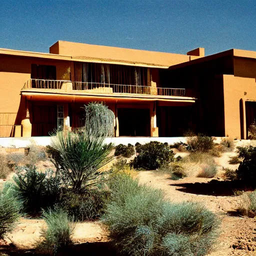 Prompt: a photo of a desert villa in 1 9 7 5, color,