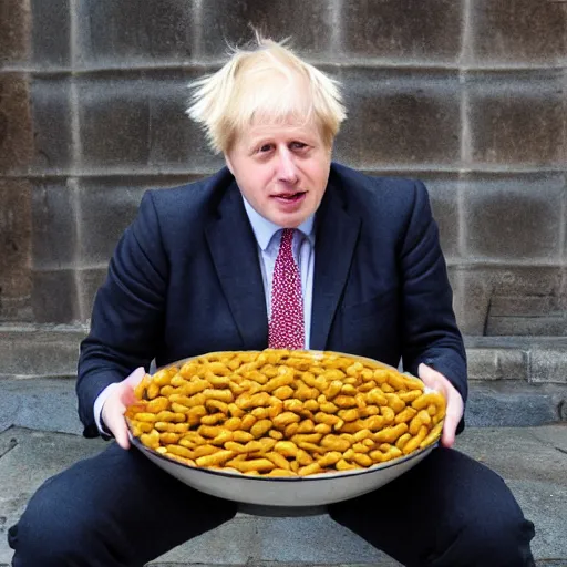 Image similar to boris johnson baked into a bowl of beans