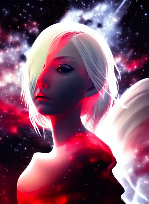 Prompt: highly detailed portrait of a hopeful pretty astronaut lady with a wavy blonde hair, by Jed Henry , 4k resolution, nier:automata inspired, bravely default inspired, vibrant but dreary but upflifting red, black and white color scheme!!! ((Space nebula background))