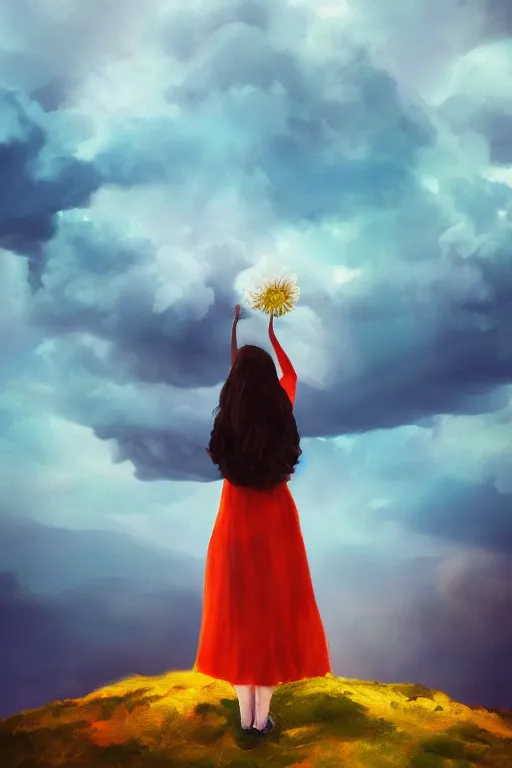 Prompt: closeup perspective, giant dahlia flower as head, girl standing on mountain, surreal photography, blue storm clouds, dramatic light, impressionist painting, digital painting, artstation, simon stalenhag