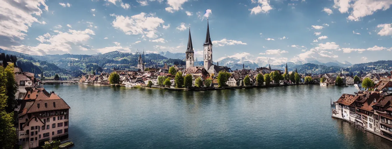 Image similar to Photo of Zurich, in the Alps, Limmat at the lake, Hardturm, Grossmünster, wide angle, volumetric light, hyperdetailed, light blue water, artstation, cgsociety, 8k