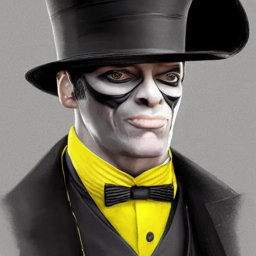 Image similar to a highly detailed portrait of a man in a high top hat covering his face, in a black tailcoat with a yellow waistcoat under the tailcoat, artstation, deviantart, professional, unreal engine 5, photorealistic