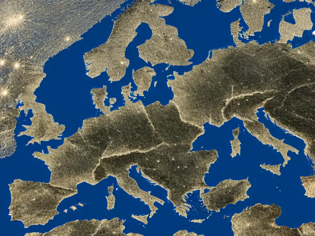 Image similar to satellite view of europe with a gigantic super computer visible from space, artstation, volumetric light, high detail, reflections, perfect, concept art, hdr, 8 k