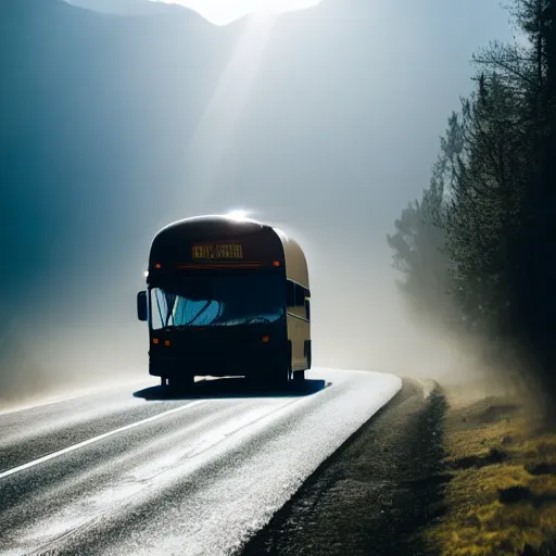 Image similar to bus on misty highway scene, the sun shining through the mountains