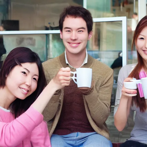 Image similar to a group of 4 people drinking coffee : korean girl, osetin girl, vyacheslav, ilya