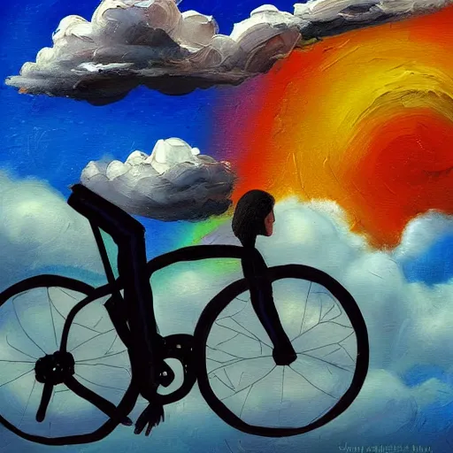 Image similar to A whimsical painting of a happy man flying in the sky on his bicycle in the clouds, action shot, subject is smiling, expressive oil painting, digital art