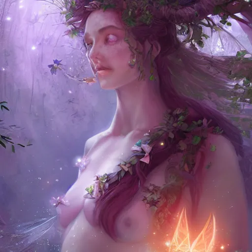 Image similar to a divine fairy druid forest goddess ascending into a new universe, in the style of wlop and vanessa lemen and charlie bowater, illustration, epic, fantasy, hyper detailed, unreal engine, ray tracing