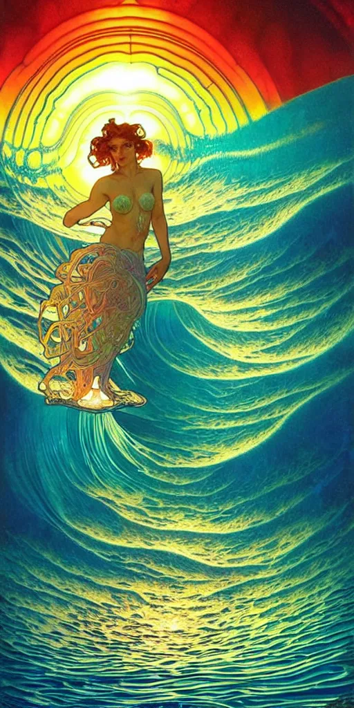 Image similar to ocean wave around psychedelic mushroom, dmt water, lsd ripples, backlit, sunset, refracted lighting, art by collier, albert aublet, krenz cushart, artem demura, alphonse mucha