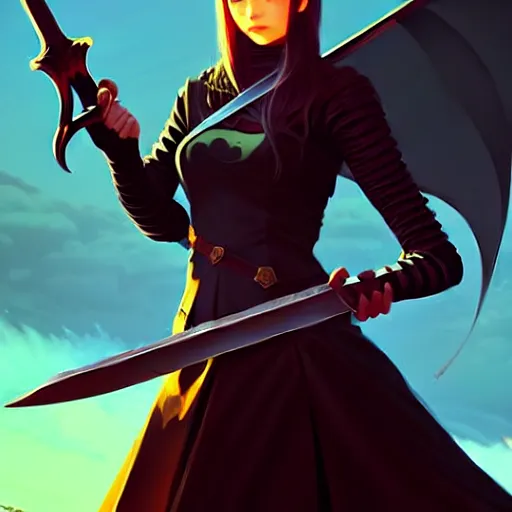 Image similar to a woman holding a sword with a dragon on it, concept art by Ilya Kuvshinov, contest winner, fantasy art, official art, concept art, high detail, experimental, high quality, hyperrealistic, 4k