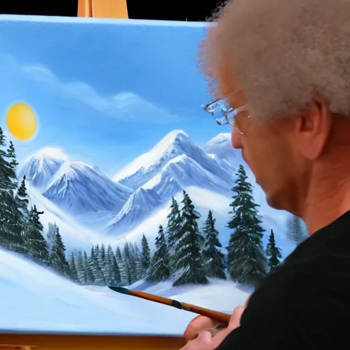 Image similar to a closeup photorealistic photograph of bob ross working on a canvas painting of elmo. film still. brightly lit scene. mountains and trees. this 4 k hd image is trending on artstation, featured on behance, well - rendered, extra crisp, features intricate detail, epic composition and the style of unreal engine.