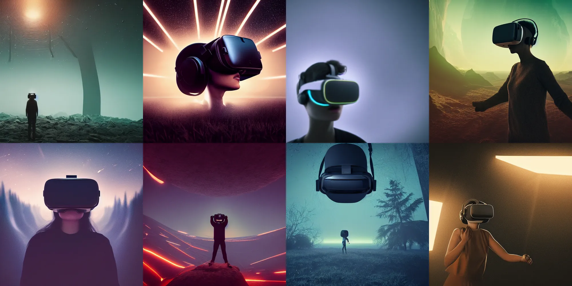 Prompt: beautiful dark landscape, person screaming wearing a virtual reality headset, in the style of Mike Winkelmann, intricate, epic lighting, cinematic composition, hyper realistic, 8k resolution, unreal engine 5,