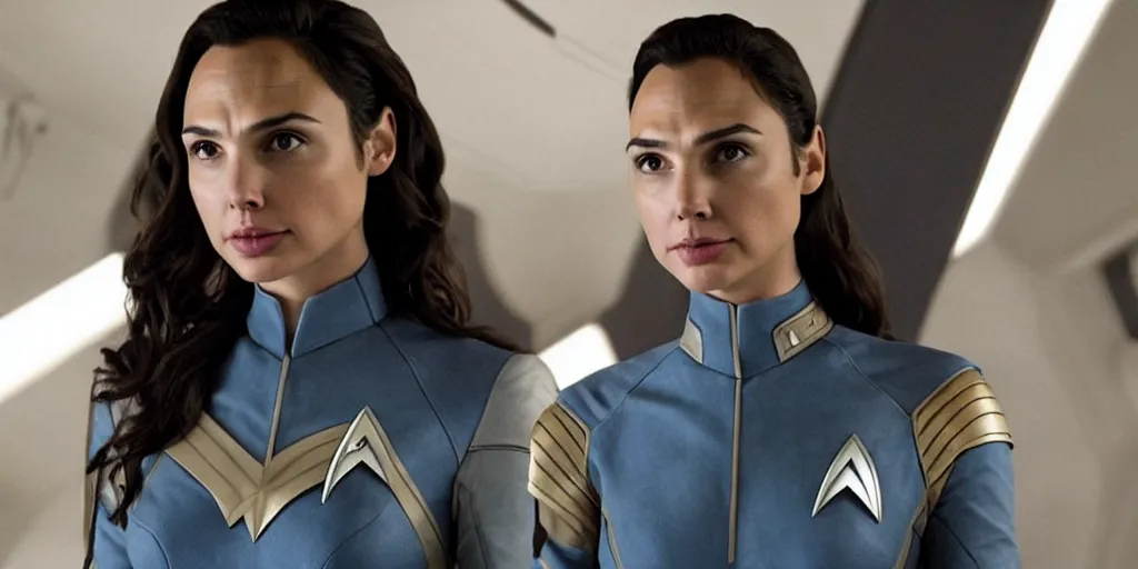 Image similar to Gal Gadot, in full starfleet uniform, is the captain of the starship Enterprise in the new Star Trek movie