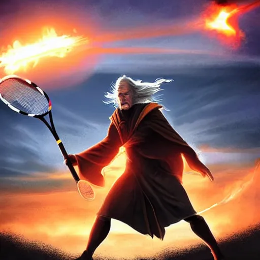 Prompt: Gandalf playing tennis against Sauron in front of Mount Doom. Both Gandalf and Sauron are in the image. Sauron is wearing his full body armor. Digital Art, lava, dark, dramatic lighting