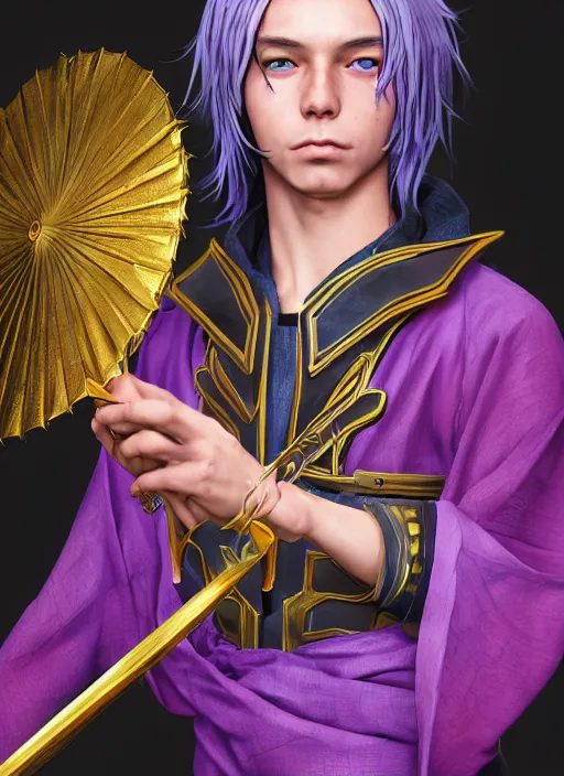 Image similar to An epic fantasy comic book style portrait painting of teenager boy with straight indigo hair, purple eyes with red eye markers, slim body, wearing a detailed Japanese kimono with golden armor details, holding a fan. Unreal 5, DAZ, hyperrealistic, octane render, cosplay, RPG portrait, dynamic lighting