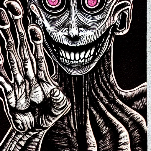 Image similar to a dark brown humanoid, hyper detailed, in the style of junji ito and and junji ito and junji ito, selfie