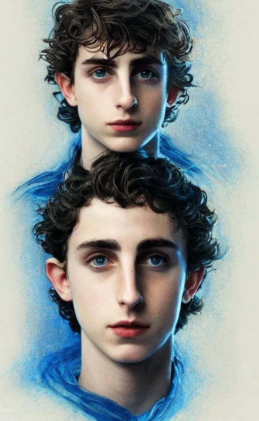 Image similar to beautiful paul atreides timothee chalamet with a three day beard, emperor of the known universe, completely blue eyes, perfect dramatic and dark portrait insanely detailed, concept art, deep focus, intricate, highly detailed, digital painting, artstation, matte, sharp focus, illustration, art by greg rutkowski and alphonse mucha, low angle, dominant eye