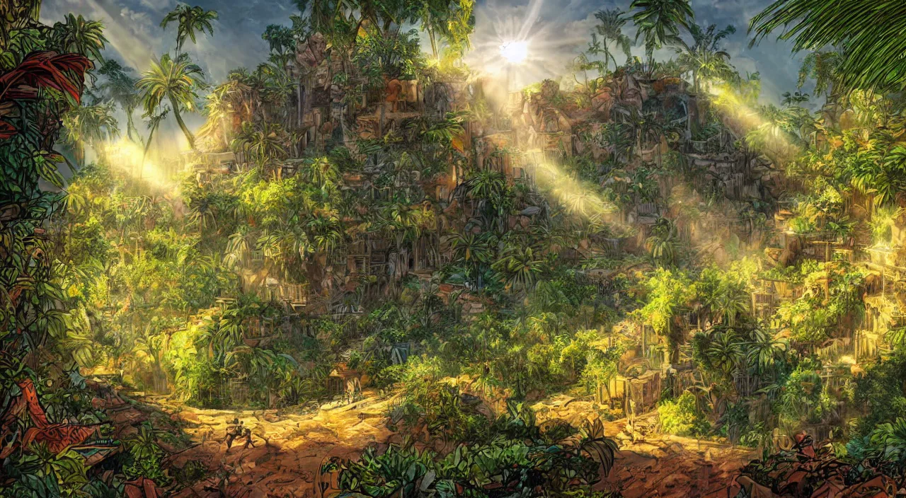 Image similar to zouk fabric jungle dirt wall fortress a spectacular view cinematic rays of sunlight comic book illustration, by john kirby