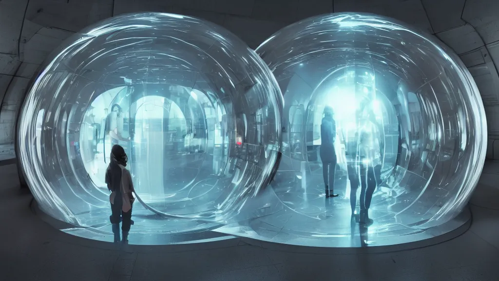 Image similar to a person inside a futuristic forcefield bubble, in an underground laboratory, emissive light, trending on artstation, photorealistic, octane render 8 k uhd